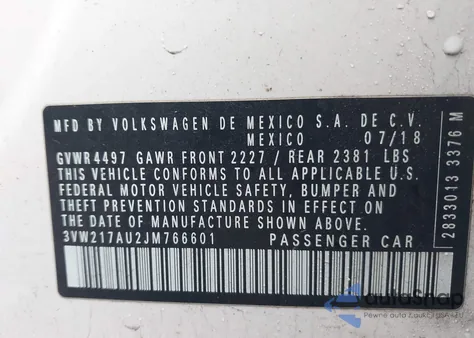 2018 Volkswagen Golf Sportwagen S from USA, damaged, VIN 3VW217AU2JM766601